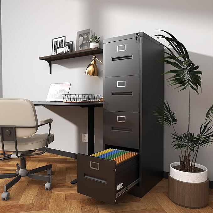 4 Drawer Metal Vertical File Cabinet with Locking Drawers for Home OfficeUnder Desk Storage Small Filing Cabinet OrganizerLetter/Legal/A4/F4 SizeAssemble RequiredBlack-4Drawer-C