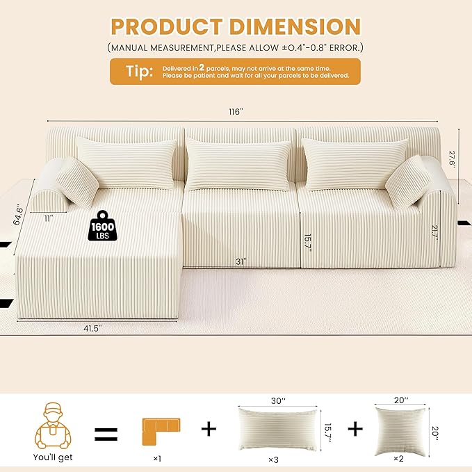 116 Boneless Couch Sectional Couches for Living RoomCloud Modular Sectional Sofa with Ottoman L-Shaped Modern Sofa with Deep Seat &amp High-Back DesignCorduroy 4-Seater Chaise Couch with 5 Pillows
