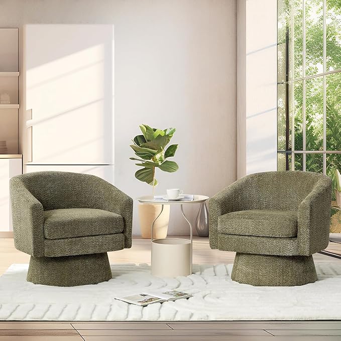 360° Swivel Accent Chair with Arms Modern Chenille Fabric Armchair with Curved Back &amp Soft Cushion Comfy Upholstered Chair for Living Room Bedroom Office Green