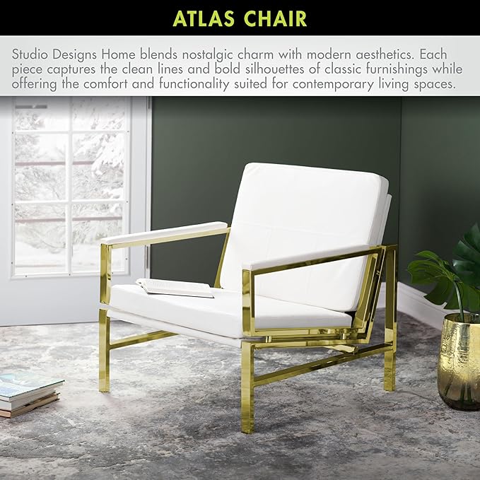 Atlas Modern Accent Chair in Blended Leather Gold Chrome/White
