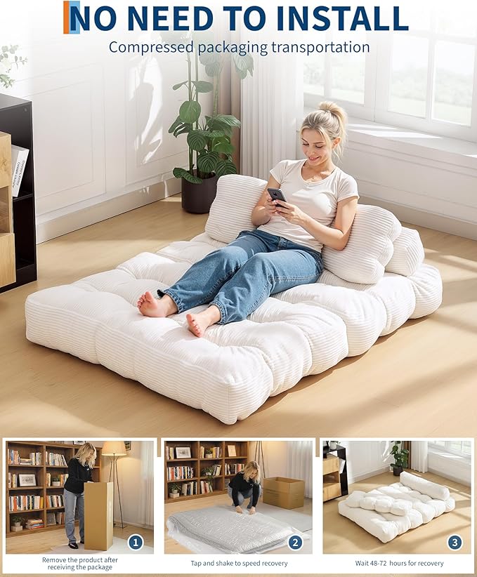 Garvee Folding Sofa Bed Convertible Sleeper Chair with Pillow Foldable Mattress with Back Support Boneless Fold Out Chair Bed Comfy Floor Sofa Lounge for Living Room Bedroom Beige Full