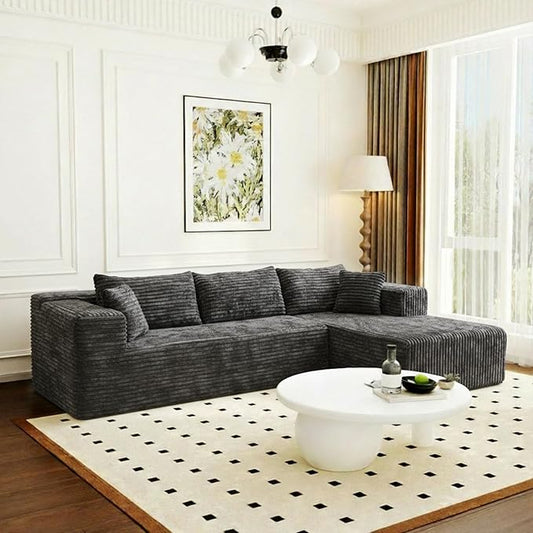 FUFU&ampGAGA 105.9” Modular Sectional Sofa with Chaise L-Shape Corduroy Cloud Couch with Pillows Modern Boneless Sofa for Living Room Apartment No Assembly Required Grey 105.9”W x 68.9”D x 26.4”