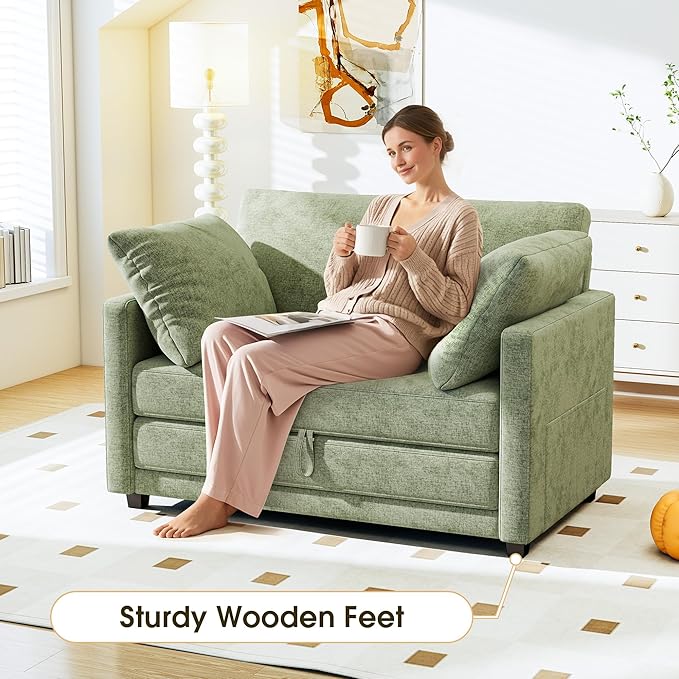 51 Convertible Loveseat Sofa Bed 2-in-1 Folding Sofa Bed with 2 Pillow for Small Spaces Modern Loveseat Compact Sleeper Couch for Apartment Living Room &amp Guest Room (Light Green)