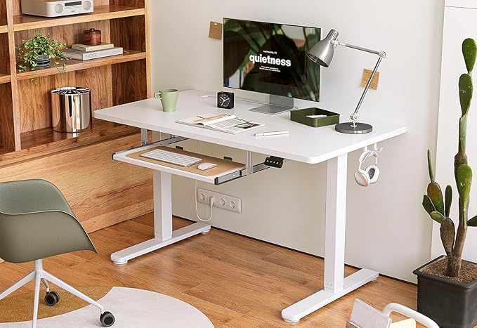 BANTI 63 x 24 Height Adjustable Electric Standing Desk with Keyboard Tray Sit Stand up Desk with Splice Board White Frame/White Top