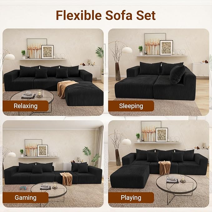 Cloud Modular Sectional Sofa for Living Room L Shaped Sectional Couch with Deep Seat Corduroy Boneless Couch with Ottoman 3-Seater Sleep Bed Black