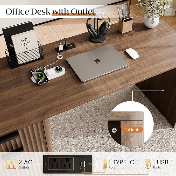 60 Fluted Home Office Desks with Storage Modern Executive Desk Computer Desk with Drawer &amp Cabinet Wood Work Desk for Office Bedroom Study Living Room Walnut