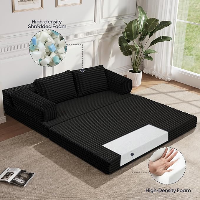 MeMoreCool Convertible Sofa Bed Black Folding Floor Couch Bed Queen Pull Out Sleeper Couch with Pillows Corduroy Fold Out Futon Sofa for Bedroom Living Room Small Space