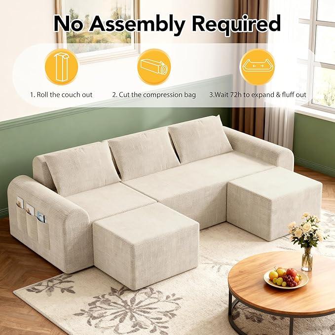 Cloud Sectional Couch with 3 Pillows &amp 2 Ottomans Boneless Couches for Living Room U Shaped Sectional Sofa Deep Seat Comfy Couch for Small Spaces No Assembly Required 72h to Restore (Beige)
