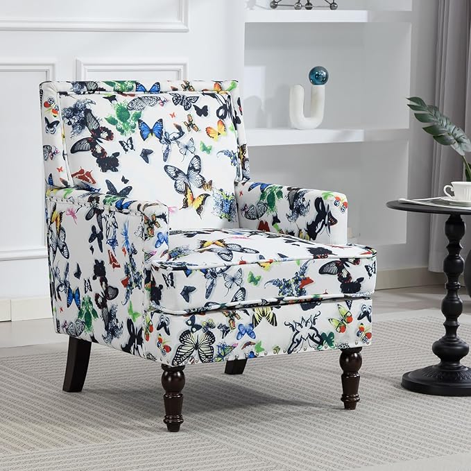 Butterfly Accent Chair Floral Print Armchair for Living Room Bedroom Cute Upholstered Reading Chair for Small Space Cotton Fabric with Solid Rubberwood Legs（Butterfly）