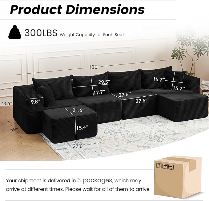 HOMREST 131 Cloud Couch Sectional U Shaped Modern Sofa with 2 Ottomans Comfy Corduroy Fabric Modular Sectional Sofa in a Box Boneless Couches for Living Room No Assembly Required (Black)