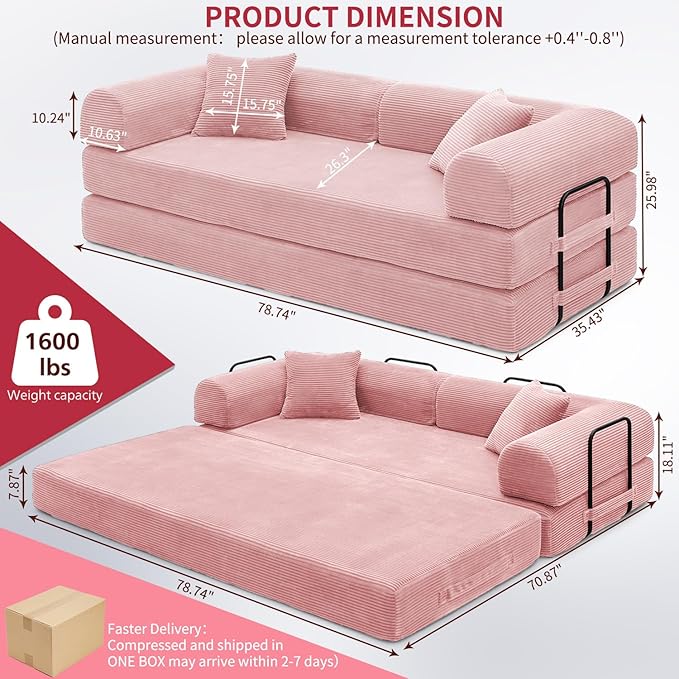 Convertible Sleeper Sofa Bed 1600lbs Weight Capacity Floor Sofa Bed with Fixed-Shape Frame Corduroy Foldable Couch for Small Space Lounge Mattress for Living Room Apartment Game Room (Pink)