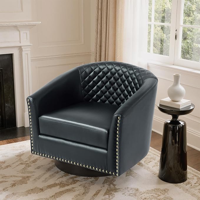 Swivel Barrel Accent Chair Faux Leather Club Chair for Living Room Modern Upholstered Round Armchair Side Chair for Bedroom Office-Black