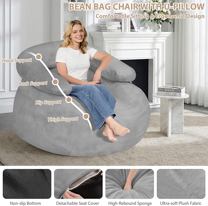 HABUTWAY Giant Bean Bag Chair Oversized Beanbag Chair with Filler Ultra Soft Faux Fur Bean Bag Lounge Floor Sofa w/U-Shaped Pillow for Gaming Reading Light Grey &amp Light Grey