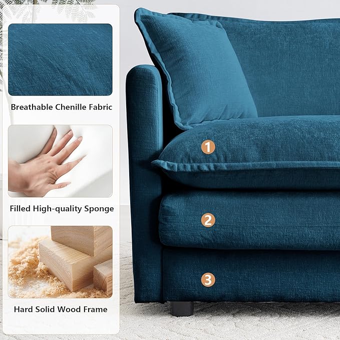 mikibama 41.4 Inch Single Seat Sofa Chenille Comfy Deep Upholstered Couch Armchair with Toss Pillow for Living Room Bedroom Office Apartment Blue