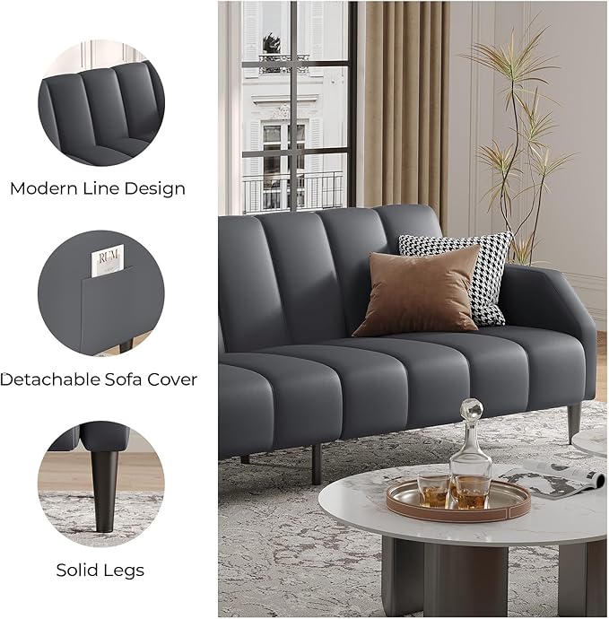 Faux Leather Sofa Bed 78“ Futon Sofa Bed Adjustable Futon Set Backrest Sleeper Sofa Couch Modern Decor Love Seat Couches Upholstered Couch for Living Room Bedroom Dark Gray