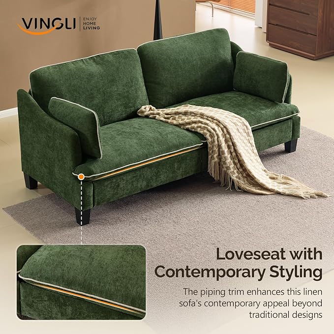 VINGLI 84 Extra Deep Seat Sofa Couch 3 Seater Upholstered Living Room Couches with 2 Piped Seater Cushions Throw Pillows Modern Linen Velvet Fabric Sofa for Apartment Bedroom Office | Piped Cushio