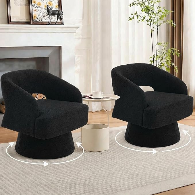 2Pcs Comfy Swivel Barrel Chair for Living Room - Modern Upholstered Accent Chair with Teddy Fleece Hollowed Back &amp 360° Swivel Base Small Round Chair for Bedroom Reading Nook Office Black