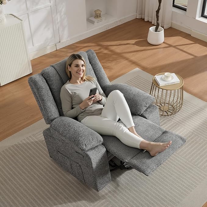 Swivel Rocker Recliner Chair for Adults with Massage and Heat Oversized Linen Fabric Glider Nursery Chair with Deep Seat High Backrest Upholstered Single Sofa for Living RoomGray