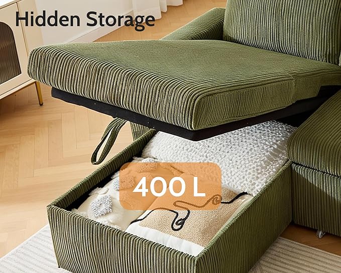 WEUP 82 L Shaped Sectional Sleeper Sofa Bed with Pull Out Bed Sectional Sleeper Couch Pull Out Couch with Reclining Backrest/Reversible Storage Chaise/USB Ports/Tool-Free Assembly Corduroy Green