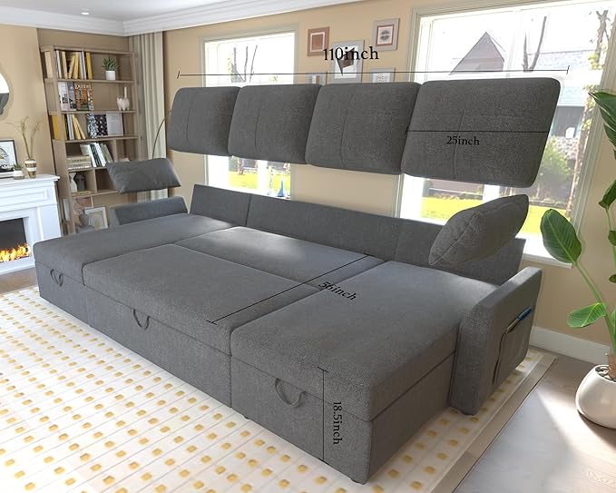 PaPaJet 110 Inch Sleeper Sofa Oversized Pull Out Couch with Double Storage ChaiseU Shape Couches for Living Room Gray