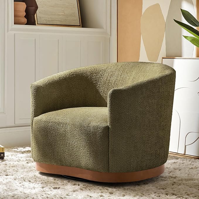 HULALA HOME Chenille Swivel Accent Chair Fully Assembled Comfy Upholstery Barrel Armchair with Sturdy Solid Wood Base Moss