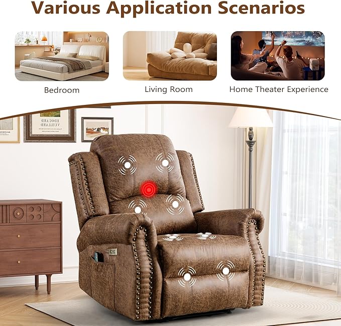Classic 2 Electric Recliners with Massage &amp Heat for Adluts Faux Leather Power Recliner Chair with USB Port Overstuffed Heavy Duty Reclining Sofa with Rivets for Living Room Brown