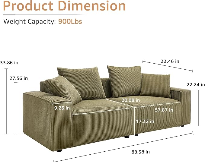Modern Corduroy Sofa 88.5 inch Wide Living Room Couch with Wide Arms 3-Seater Living Room Couch with Throw Pillows Olive Green