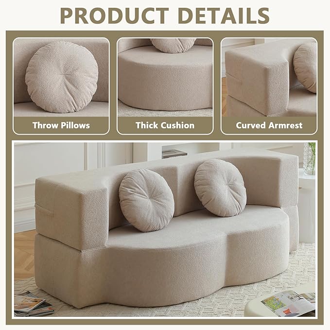 2-In-1 Futon Sofa Bed Foldable Couch with 2 Pillows Convertible Foldable Sofa Bed Folding Sofas Beds for Living Room Guest Room Apartment Office Lazy Sleeper Comfy No Assembly (khaki)