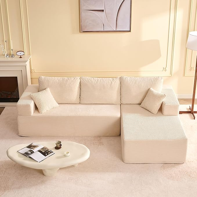 107 Boneless Couch with Deep Seat Set of Modular Sectional Sofa Cloud Sectional Couch for Living Room No Assembly Required Corduroy L-Shape Right White