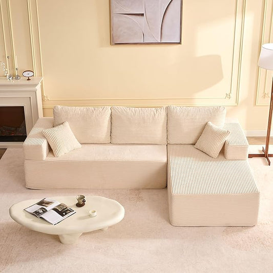 107 Boneless Couch with Deep Seat Set of Modular Sectional Sofa Cloud Sectional Couch for Living Room No Assembly Required Corduroy L-Shape Right White