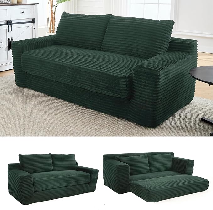 GNIXUU Corduroy Cloud Loveseat Sofa 2 in 1 Convertible Sleeper Sofa with Fixed-Shape Frame Comfy Folding Boneless Love Seat Couches for Living Room Apartment Small Spaces Green
