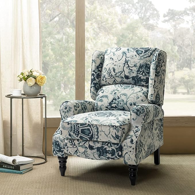 HULALA HOME Upholstered Wingback Recliner Chair Small Adjustable Footrest Push Back Single Reclining Sofa Mid Century Modern Lounge Armchair for Living Room Bedroom Reading/Floral