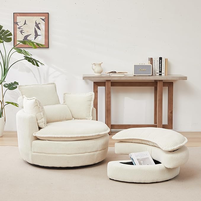 Modern Swivel Chair 38 W Oversized Swivel Chair with Moon Storage Ottoman Accent Round Loveseat Circle Swivel Barrel Chairs with 4 Pillows Cuddle Sofa Chair Lounger Armchair (Beige * 99)