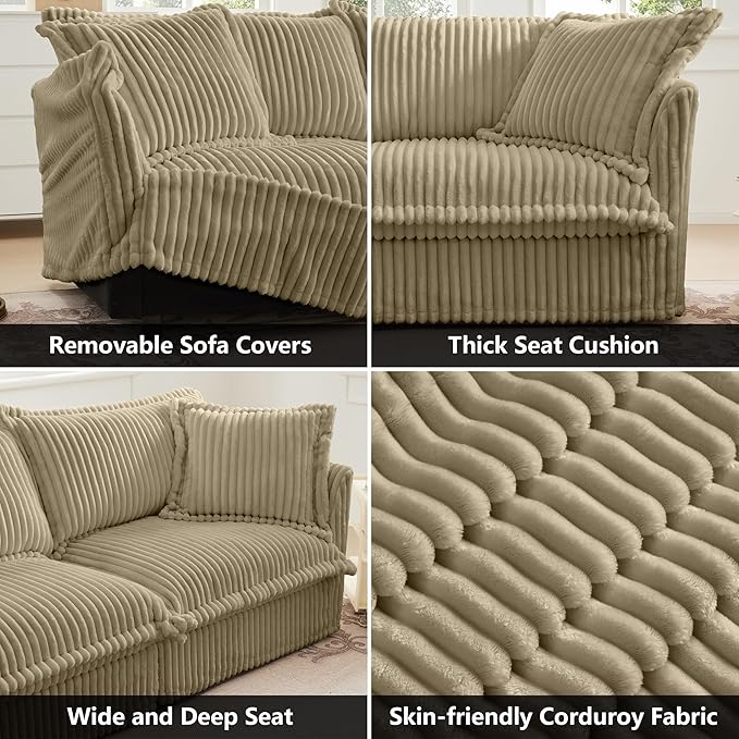 Aoowow Oversized Modular Sectional Sofa Chair 49” Corduroy Fabric Single Armchair Comfy Deep Seat Couch Sofa with Big Toss Pillows for Living Room Apartment Office(Camel-Corduroy)