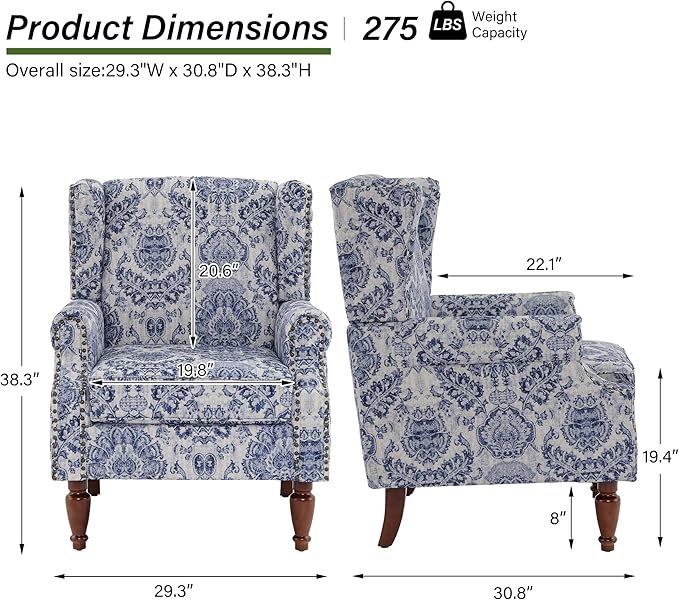 Floral High Back Accent Chair Upholstered Armchair with Solid Wood Legs Comfy Wingback Reading Single Sofa Chair for Small Spaces Living Room Bedroom(Floral Navy Blue Set of 2)