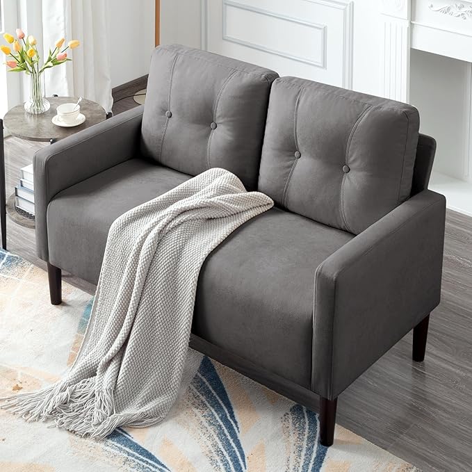 Loveseat Sofa Small Couch for Small Spaces Modern Linen Fabric 2-Seater Sofa with Solid Wood Legs Easy Assembly Apartment Couch for Living Room Office (Grey)