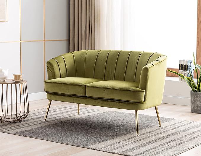 Artechworks Contemporary Velvet Loveseat Chair with Gold-Finished Metal Legs 2-Seat Sofa for Living Room Bedroom Home Office Grass Green