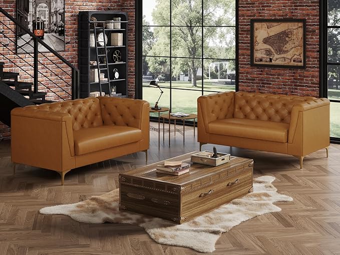 60 Mid-Century Modern Sofa CouchFaux Leather 2 Seater Sofa and Comfortable CushionsComfy Deep Seats Sofa Modern Couch for Living RoomOffice Apartment Small SpaceTool-Free AssemblyBrown