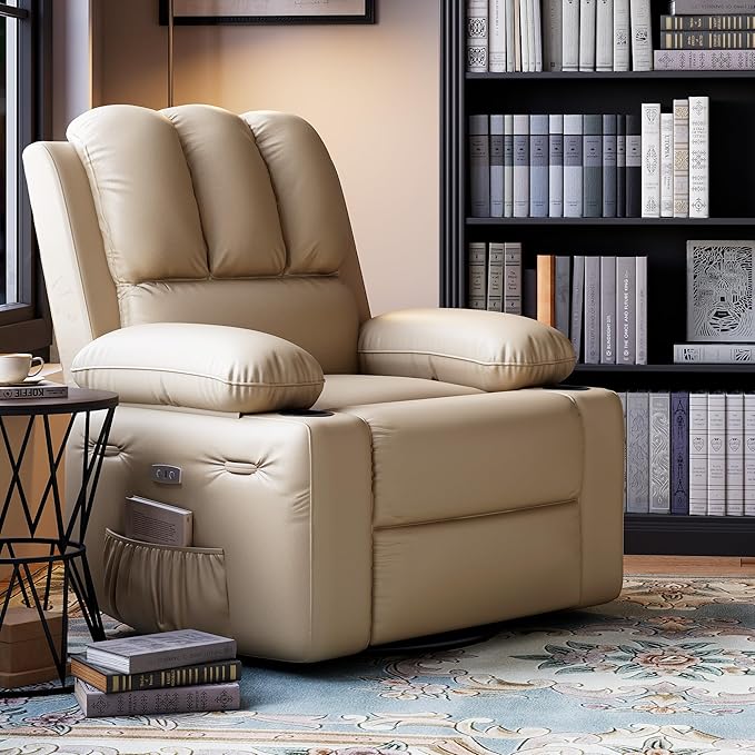 22 Wide Electric Recliner Chair for Adults Swivel Rocking Recliner with Massage &amp Heat PU Leather Lounge Chair with Remote and Cup Holders for Living Room Nursery Bedroom Beige