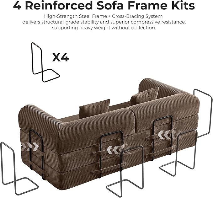 5-in-1 Convertible Sofa Bed | 79 Fixed Frame with High-Resilience Memory Foam Easy Setup | Durable Corduroy Converts to Full Bed Great for Family Living Room (Brown)
