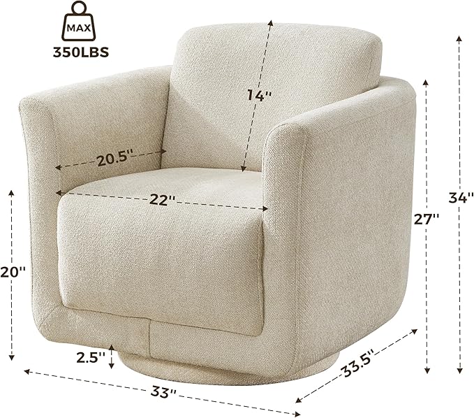 Swivel Accent Chair 360° Upholstered Swivel Chair 350 lbs Capacity Kiln Dried Solid Wood Frame Lumbar CushionFSC Certified Upholstered Chair for Living Room BedroomBeige
