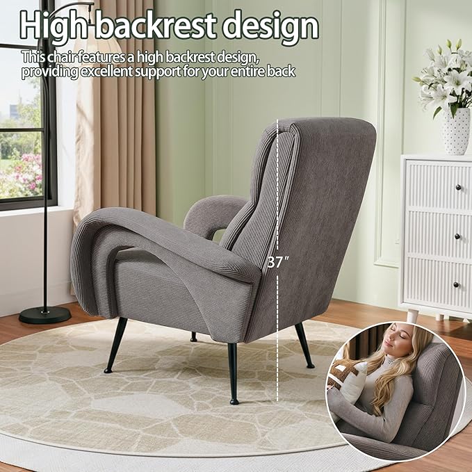 Modern Accent Chair Reading Chair with Corduroy Fabric Upholstered and Hight Backrest Single Sofa Chairs for Living Room Apartment Bedroom and Small Spaces. (Brown)