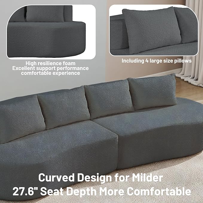 110 Boneless Arc Sectional Sofa 4-Seater-Cloud Couch Compressed in-2-Box Extra Deep Wide Seats for Apartment Living RoomTerry Cloth Fabric No Assembly Carbon Gray