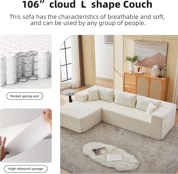 107 Combination Sofa Couches Does Not Require Assembling L-shaped ReclinerModular Sofa Set Of 2Fits Living Room Bedroom Office Corduroy FabricEquipped with headrest (left facing chaise White）