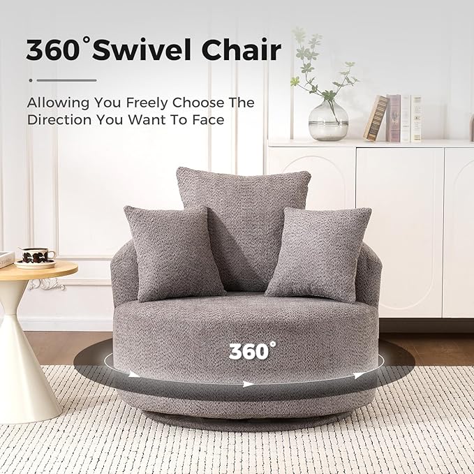 360°Swivel Accent Barrel Chair - 38.6W Boneless Oversized Upholstered with 3 Removable Pillows High-Resilience Sponge &amp Tuck Stitch Fabric Comfy Round Sofa Chair for Living Room Bedroom Apartm
