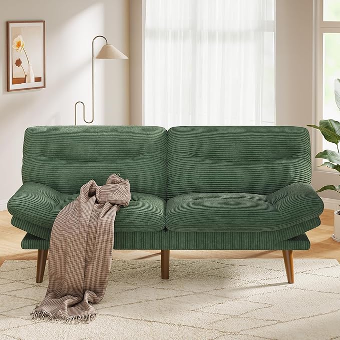 Pipishell Futon Sofa Bed 75 Inch Corduroy Futon Couch Convertible with Adjustable Backrest and Armrests Recliner Sleeper Sofa for Small Spaces Living Room Office Guest Room (Green 75 Inch)