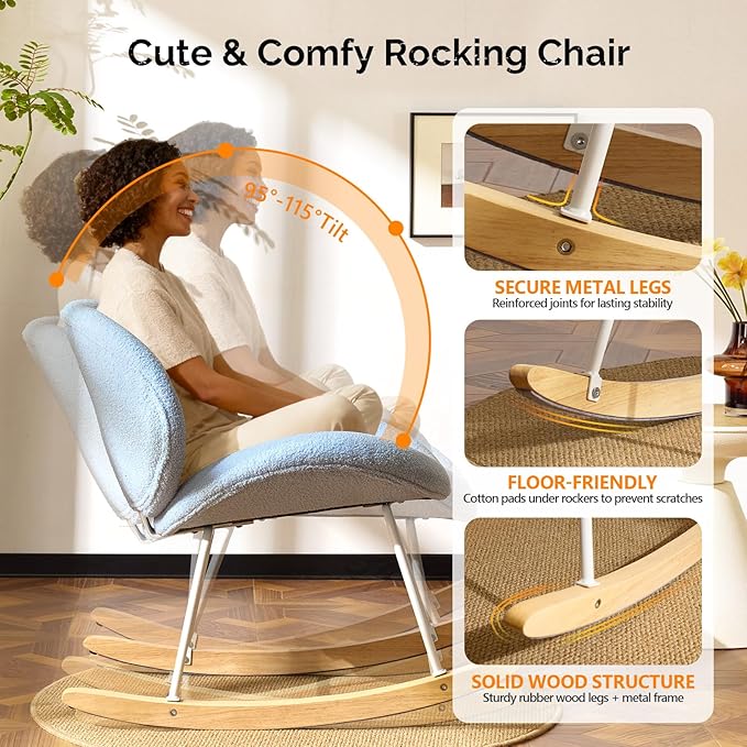 VINGLI 25.6 Extra Wide Nursery 115° Armless Rocking Chair Curved Cute Cross-Legged Glider Chair with Pillow &amp Solid Wood Nursing Chair for Bedroom Living Room Teddy Fleece Light Blue