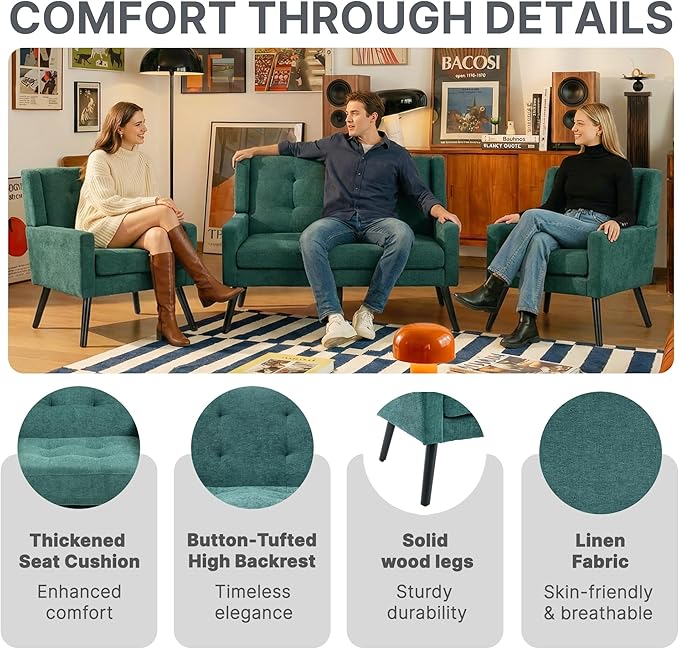 Mid-Century Modern 47 Small Loveseat &amp 2 Accent Chair Set Plush Linen Fabric with Button Tufted High Back &amp Solid Wood Legs for Apartment Living Room Bedroom Home Office (Teal 3-Piece Se