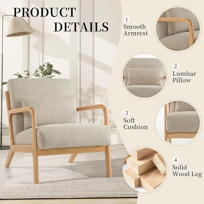 Accent Chair with Pillow Upholstered Mid Century Chair Living Room Chair with Solid Wood Frame Comfy Reading Chair with Thick Cushion Armchair for Small Space Bedroom Balcony Grey 1PC