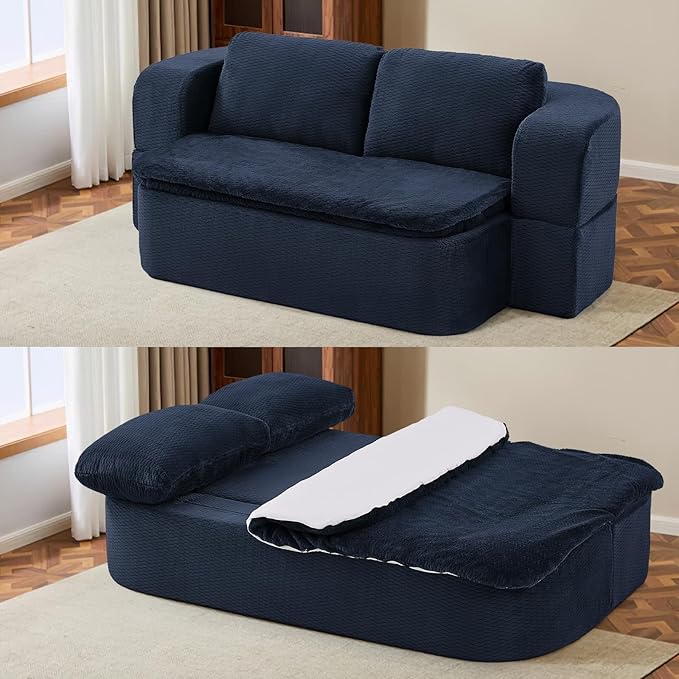 Convertible Folding Sofa Bed 75 Futon Floor Couch Modular Sleeper Loveseat Sectional Couches Boneless Cloud Plush Fluffy Fabric for Living Room Guest Room No Assembly Required Blue